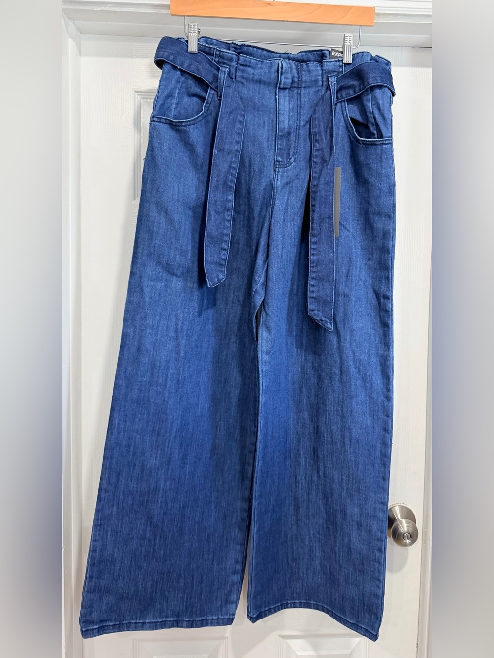 Express Dark Blue Wide-Leg Paperbag Jeans with Self-Tie Belt - Express